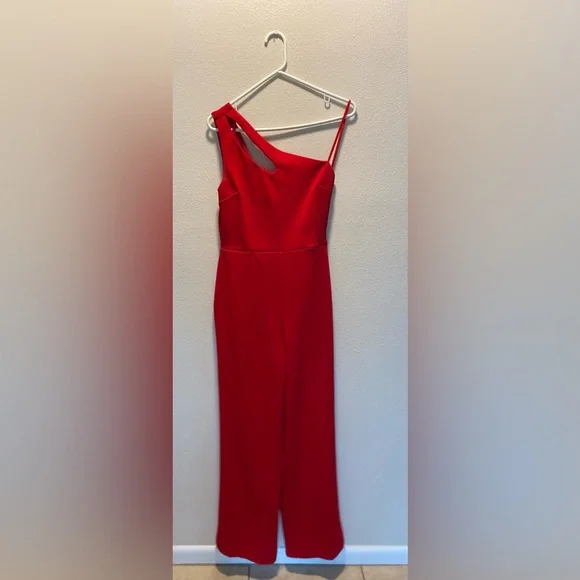 NWOT Crystal Sky Red One Shoulder Cutout Flared Leg Jumpsuit Size Medium - Picture 2 of 9